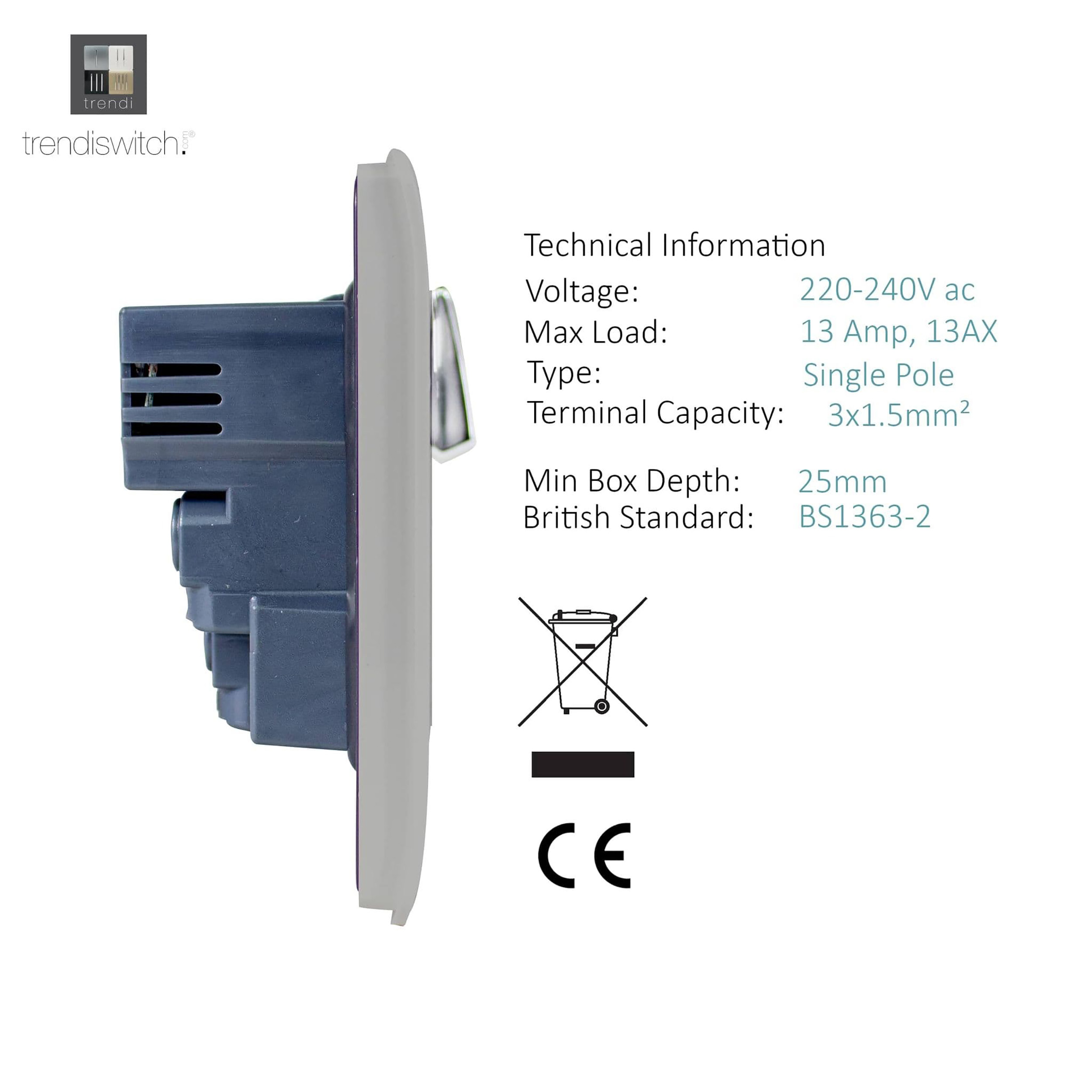 1 Gang Switched Single Socket 13A With 2 x USB-A 10W (Shared) With Neon Insert Light Grey ART-SKT13USBLG  Trendi Light Grey